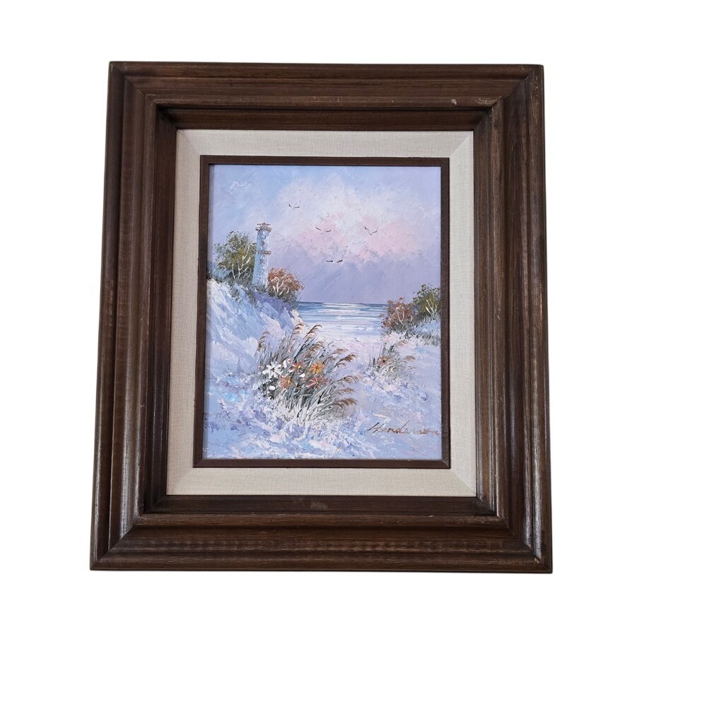 Henderson Signed Original Oil Painting Lighthouse Coastal Beach Scene Framed